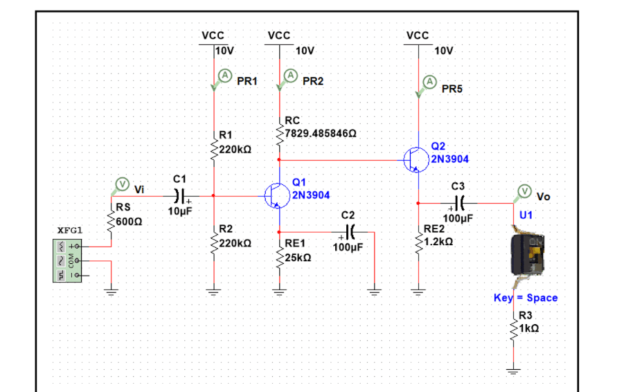 Multisim schematic of the two-stage BJT amplifier