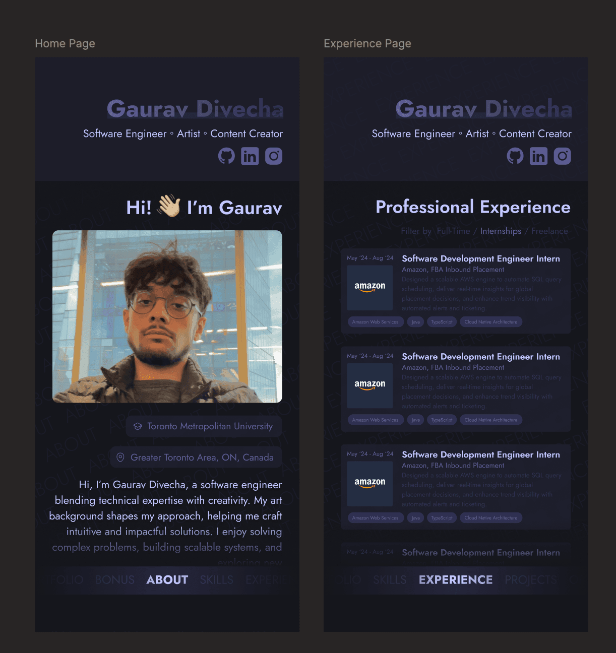 Home and Experience pages laid out for a narrow mobile screen