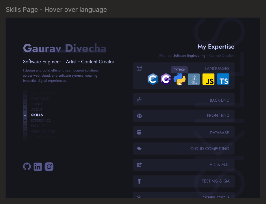 Skills - a language group on hover